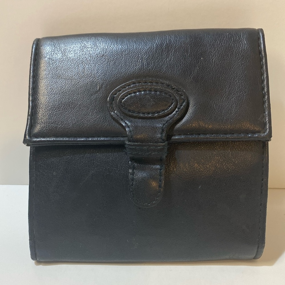Vintage Macro Organizer Minimalist Black Cowhide Leather Wallet Crossbody Purse